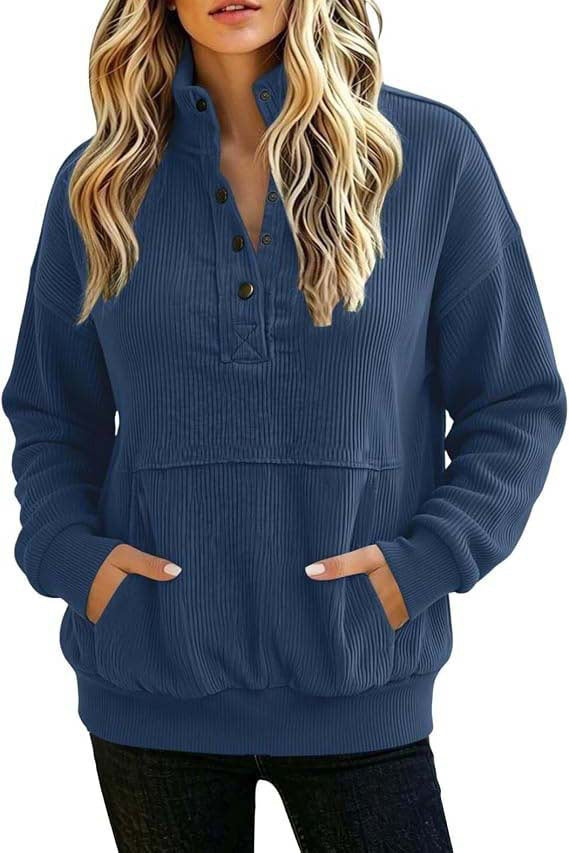 Corduroy Henley Sweatshirt Women Long Sleeve Button Pocket