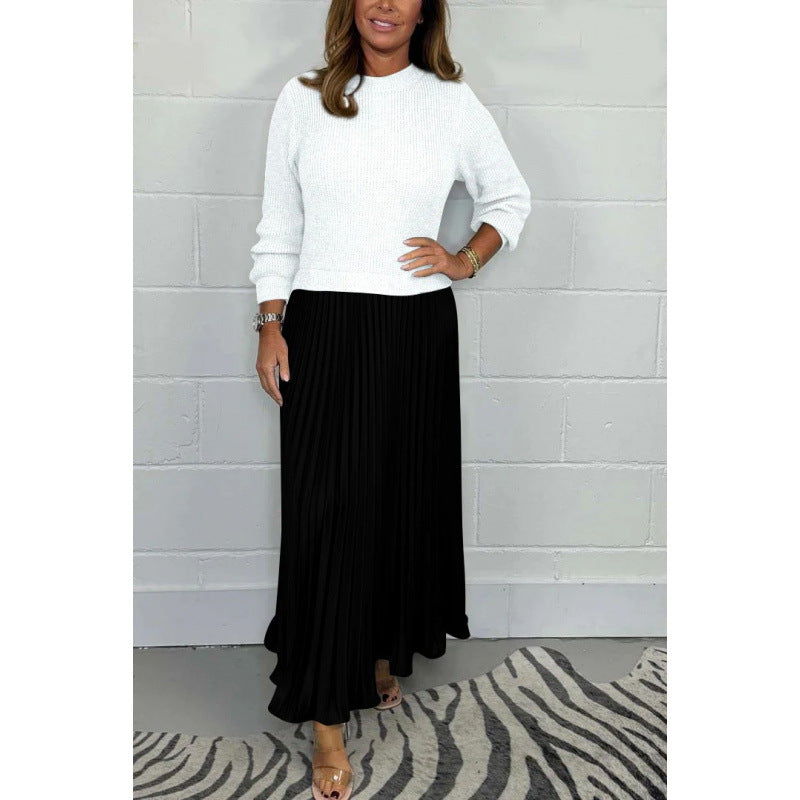 Women's Colorblock Ribbed Pleated Maxi Dress Long Sleeve