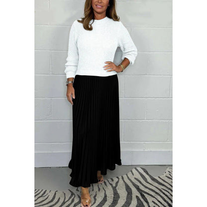 Women's Colorblock Ribbed Pleated Maxi Dress Long Sleeve