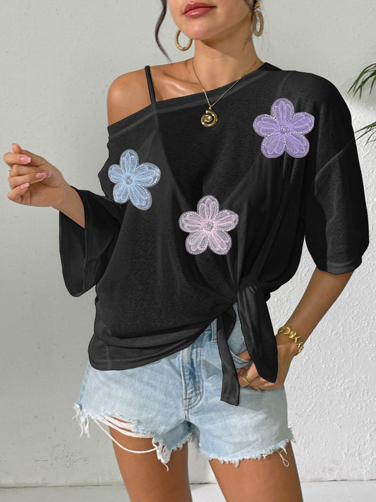 Women's Sheer Tie Front Beach Cover Up Lace Floral Top