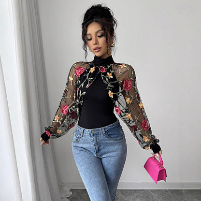 Floral Embroidered Mesh Sleeve Top Mock Neck