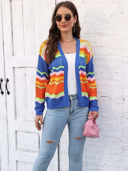 Women's Rainbow Patchwork Striped Sweater Jacket