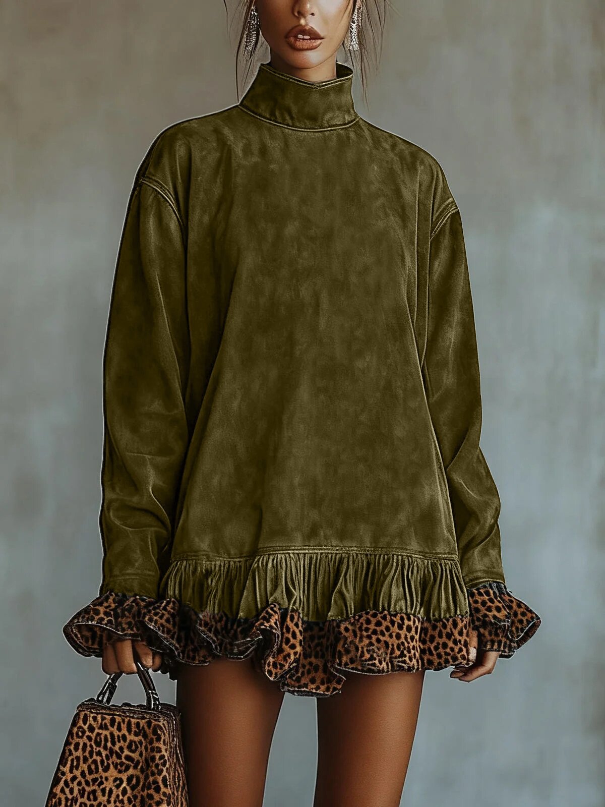 Women's Mock Neck Leopard Ruffle Hem Long Sleeve Dress