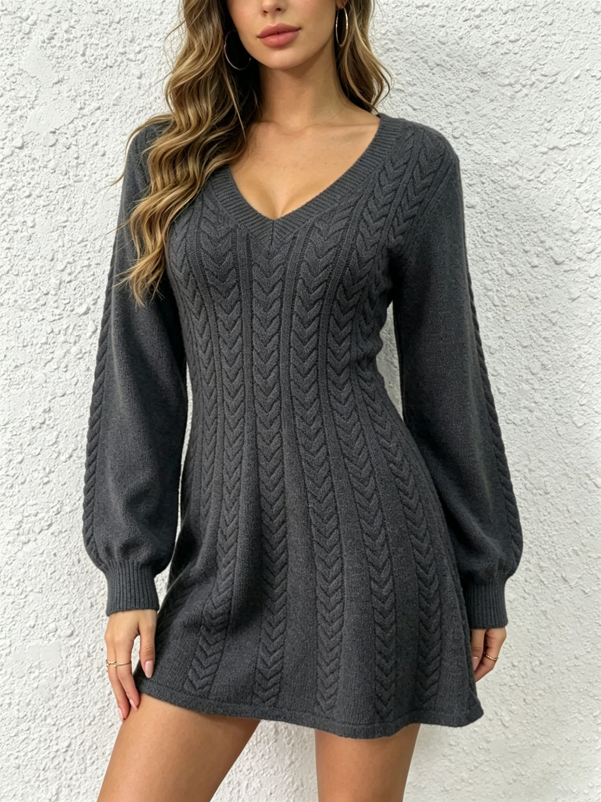 Cable Knit V-Neck Sweater Dress Balloon Sleeve Fit Flare