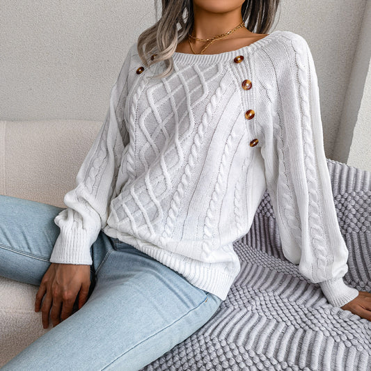 2025 Fall Winter Casual Square Neck Button Detail Cable Knit Sweater