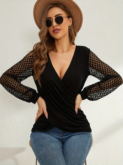 French Lace Sleeve Cross Wrap V-Neck Blouse for Women