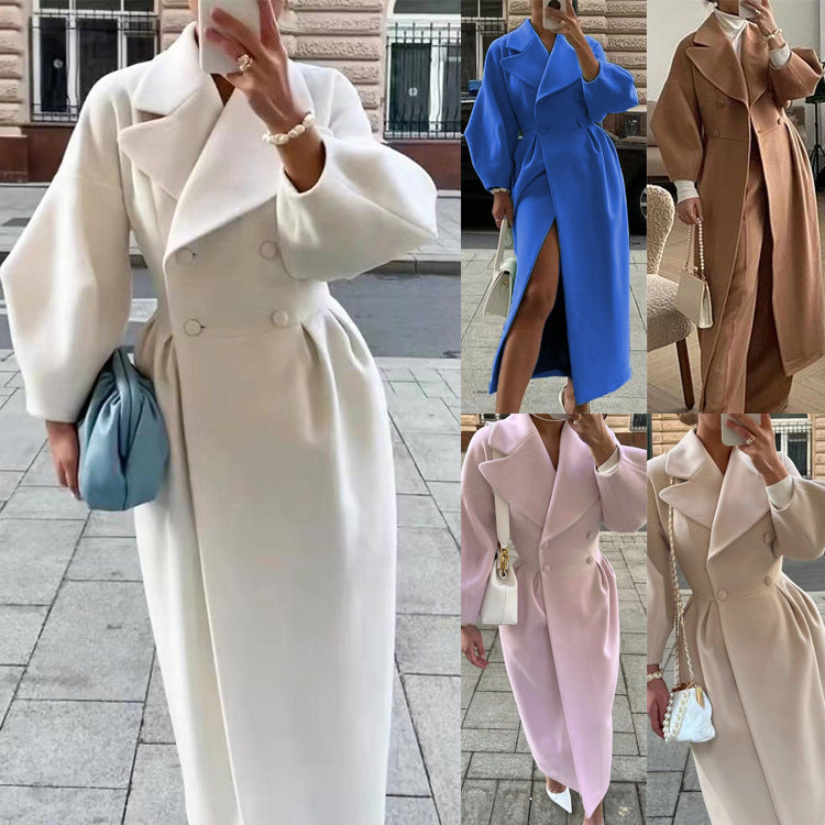 Women Wool Coat Double Breasted Balloon Sleeve Notch Lapel