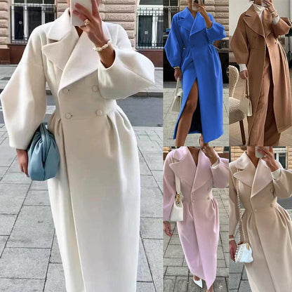 Women Wool Coat Double Breasted Balloon Sleeve Notch Lapel