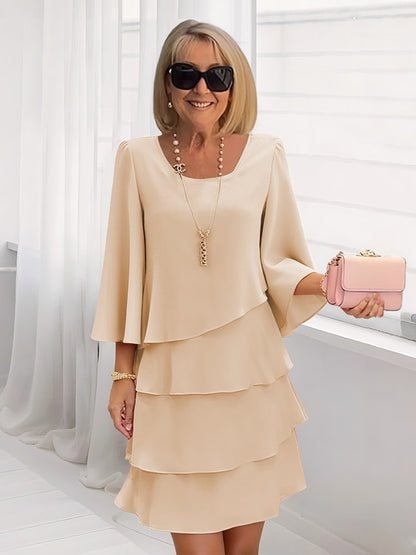 Women's Tiered Suede Midi Dress 3/4 Sleeve Work Casual