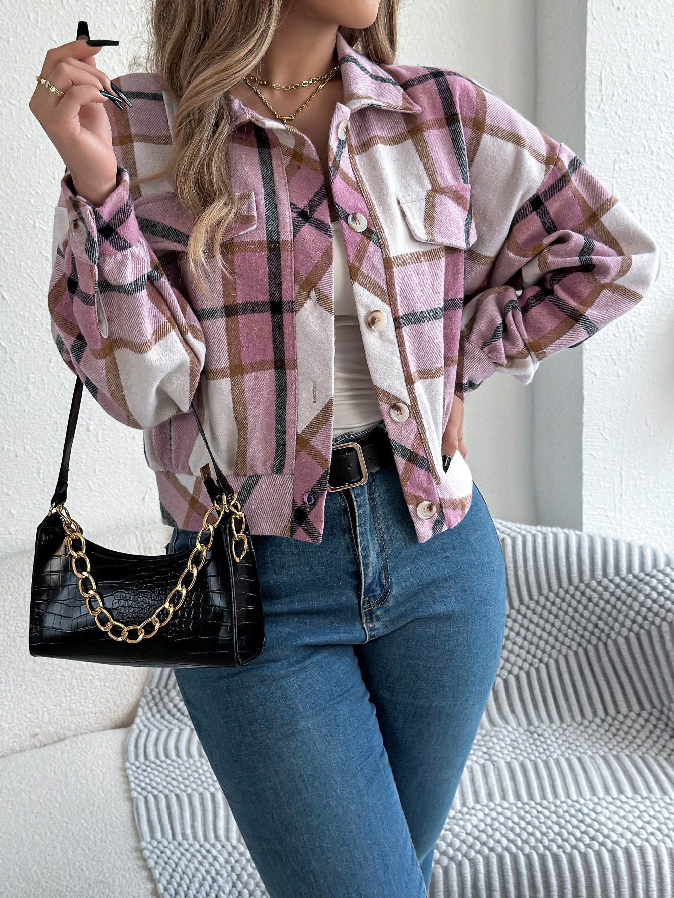 Plaid Button Front Long Sleeve Casual Jacket Coat