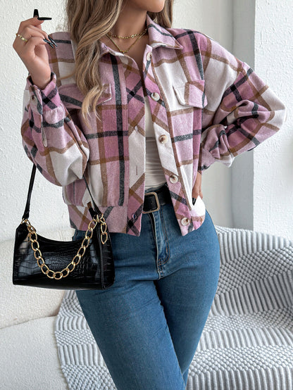 Plaid Button Front Long Sleeve Casual Jacket Coat