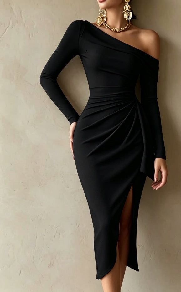 One Shoulder Long Sleeve Bodycon Slit Midi Dress