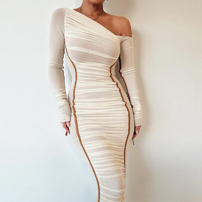 One Shoulder Ruched Mesh Bodycon Midi Dress Long Sleeve