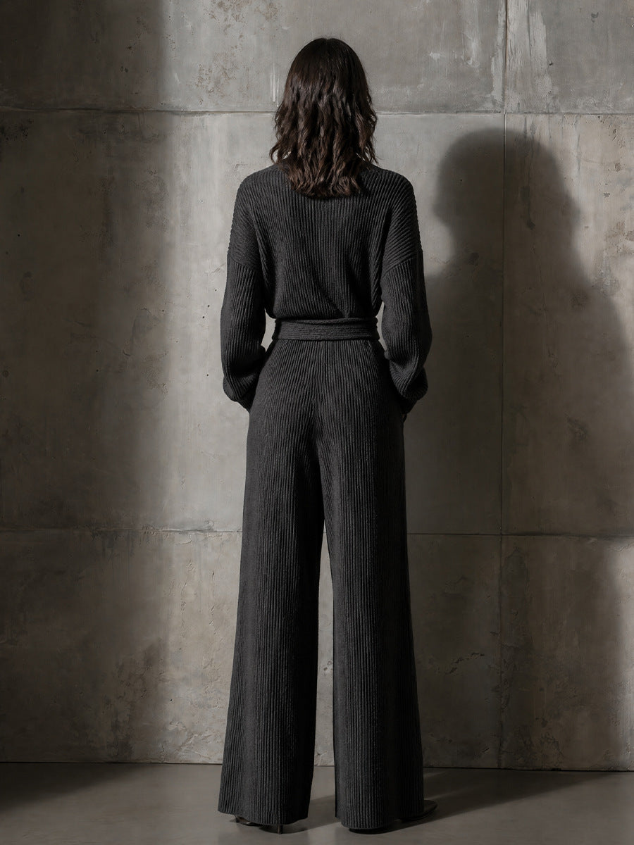 Women's Ribbed Knit Wrap Belted Jumpsuit Wide Leg