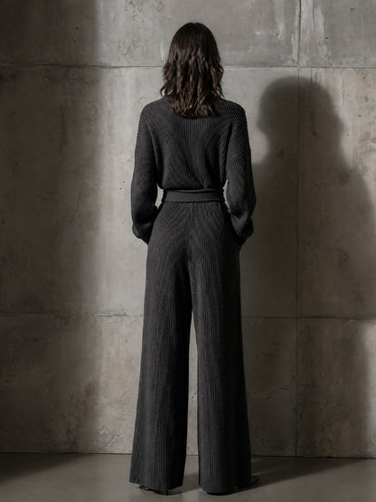 Women's Ribbed Knit Wrap Belted Jumpsuit Wide Leg
