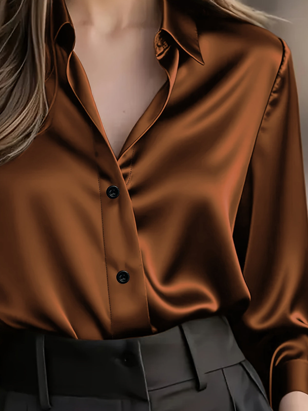 Women's Satin Button Down Shirt Long Sleeve Work Blouse