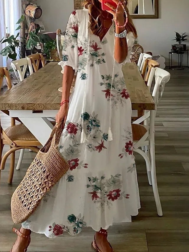 Women's Boho Floral V-Neck Tassel Maxi Dress Flowy