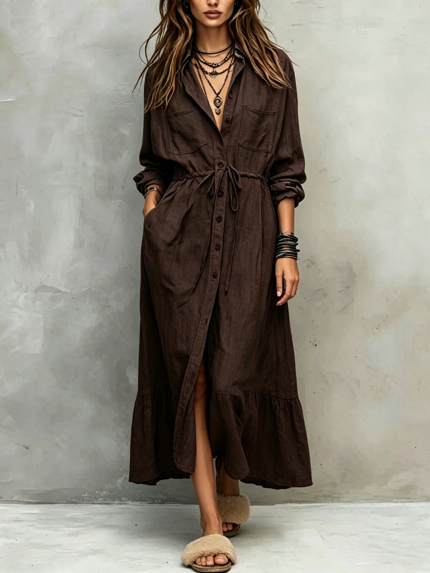 Women Long Sleeve Button Down Shirt Dress Drawstring Midi