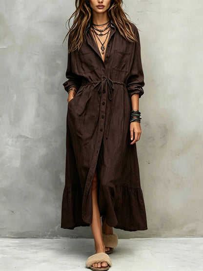 Women Long Sleeve Button Down Shirt Dress Drawstring Midi