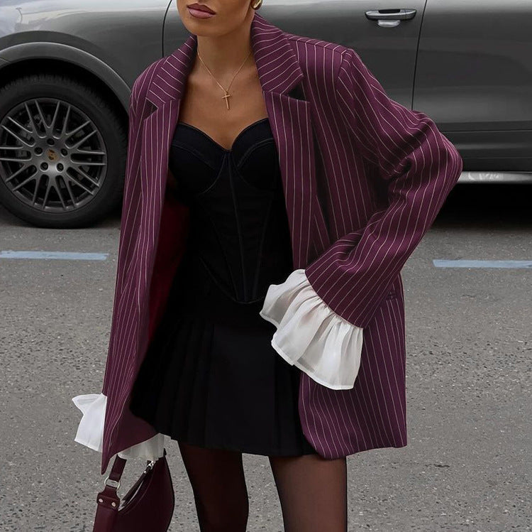 Womens Oversized Striped Blazer Flare Sleeve Burgundy