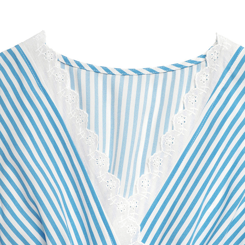 Blue Striped Maxi Dress V-Neck Sleeveless Tiered Summer
