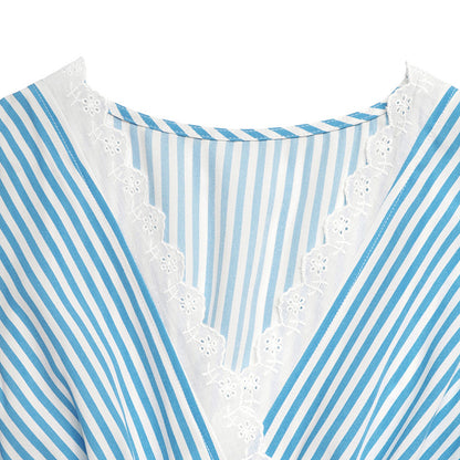 Blue Striped Maxi Dress V-Neck Sleeveless Tiered Summer