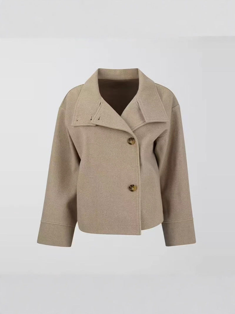 Women's Oversized Button Front Wool Blend Stand Collar Coat