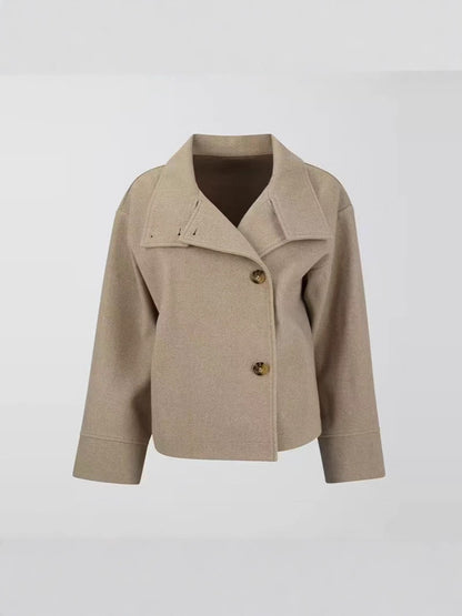 Women's Oversized Button Front Wool Blend Stand Collar Coat