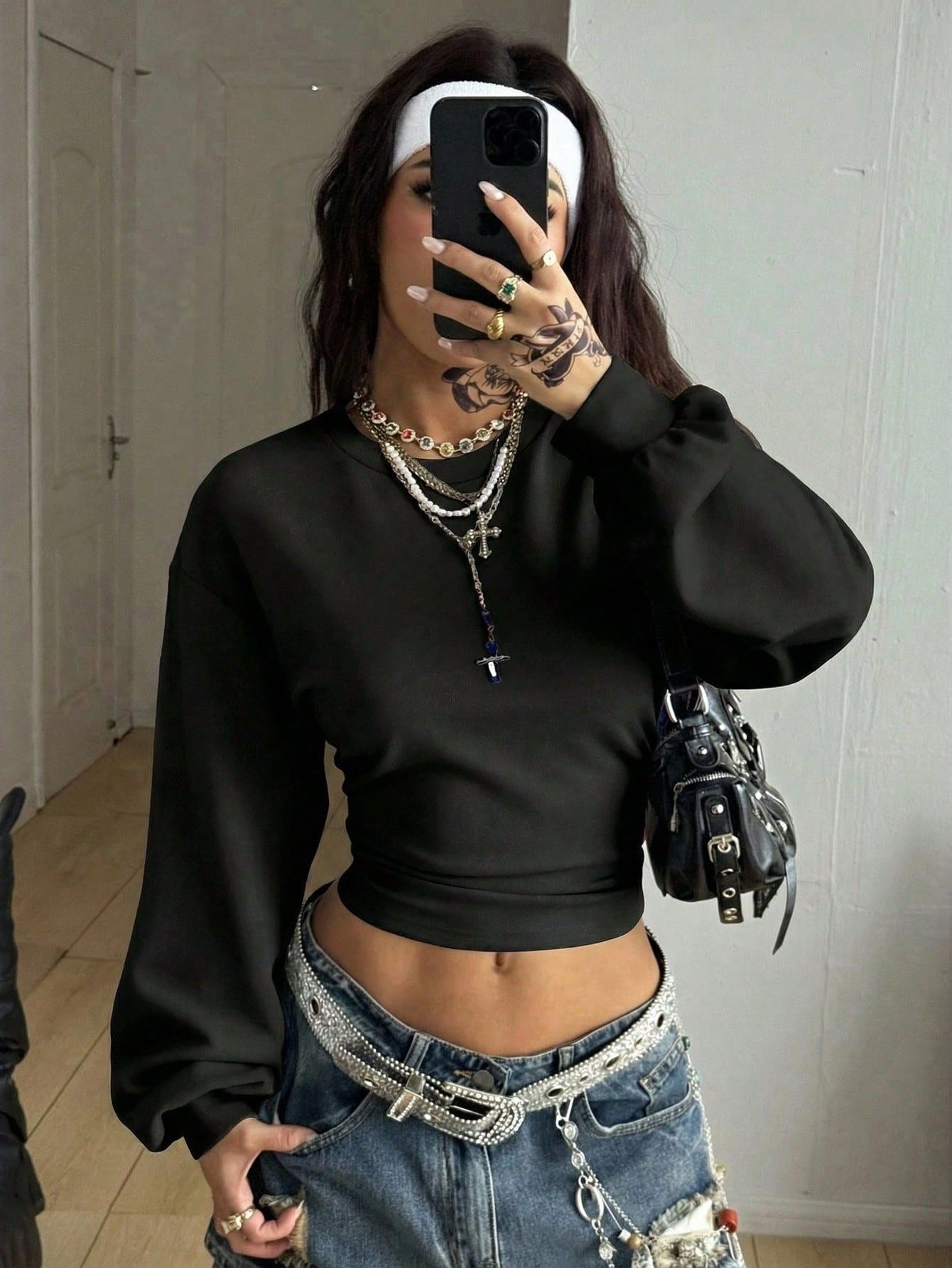 Y2K Crop Sweatshirt Slim Fit Solid Long Sleeve Top