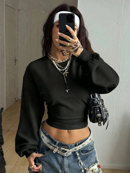 Y2K Crop Sweatshirt Slim Fit Solid Long Sleeve Top