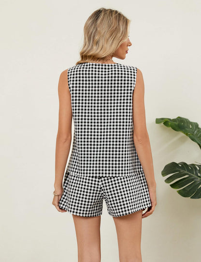 Gingham V Neck Button Vest Shorts Set Summer Outfit