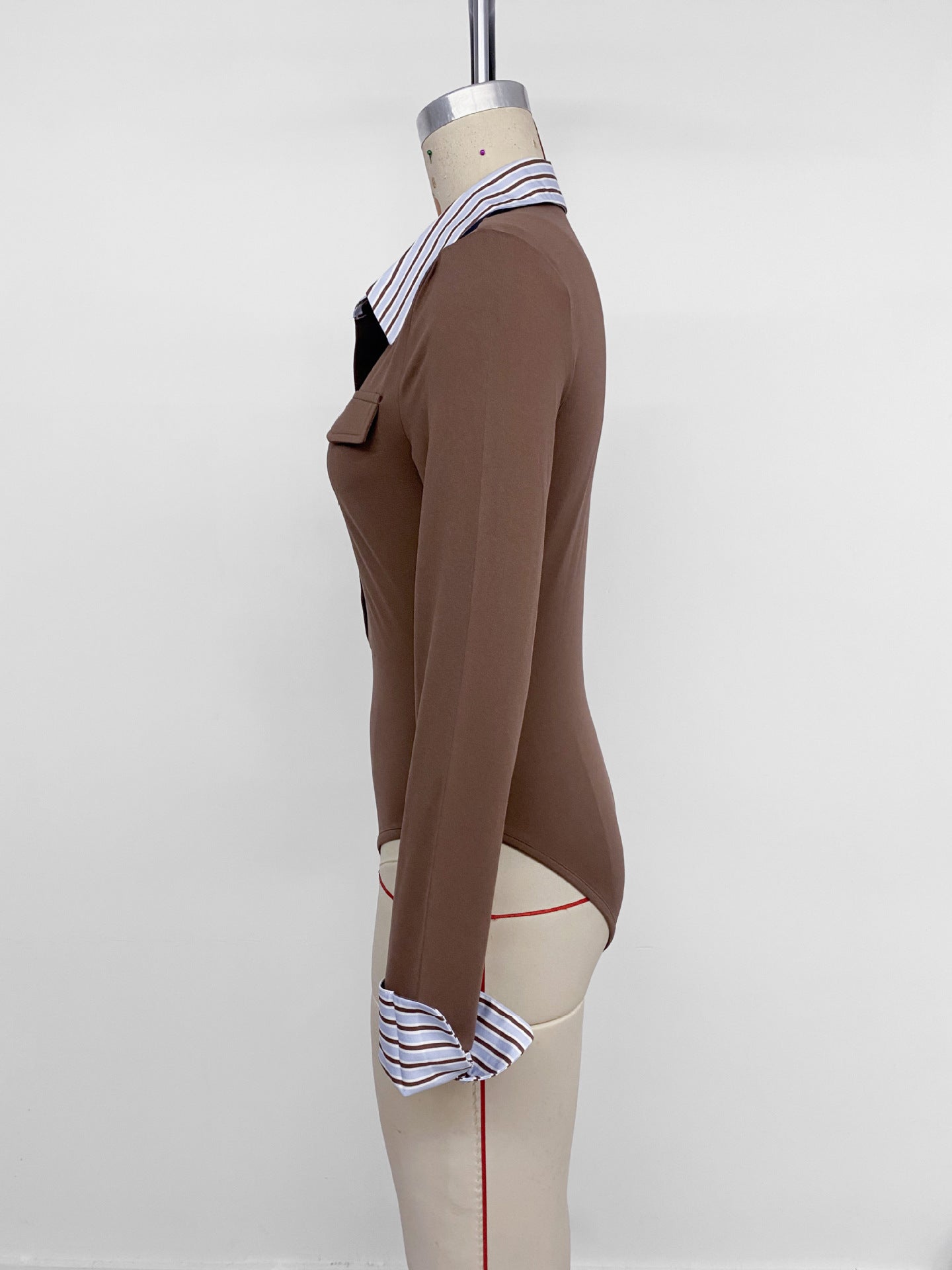 Contrast Stripe Collar Slim Fit Button Front Bodysuit