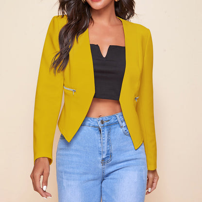 Women's Cropped Blazer Open Front Zip Pocket Jacket