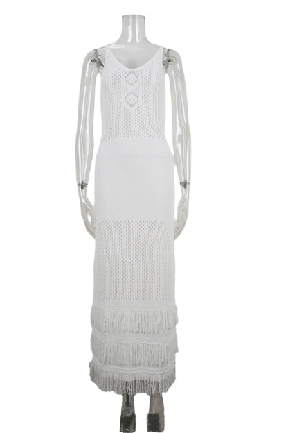 Crochet Fringe Maxi Cover Up Dress Sleeveless Resort Wear