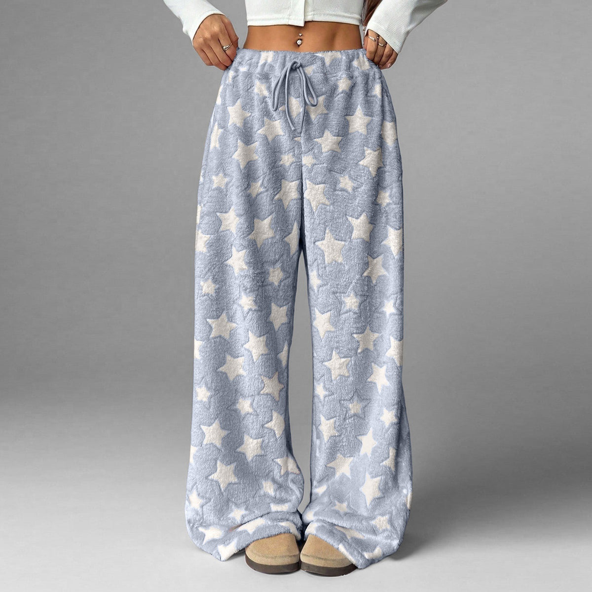 Fuzzy Star Print Wide Leg High Waist Lounge Pants