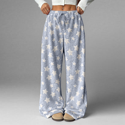 Fuzzy Star Print Wide Leg High Waist Lounge Pants