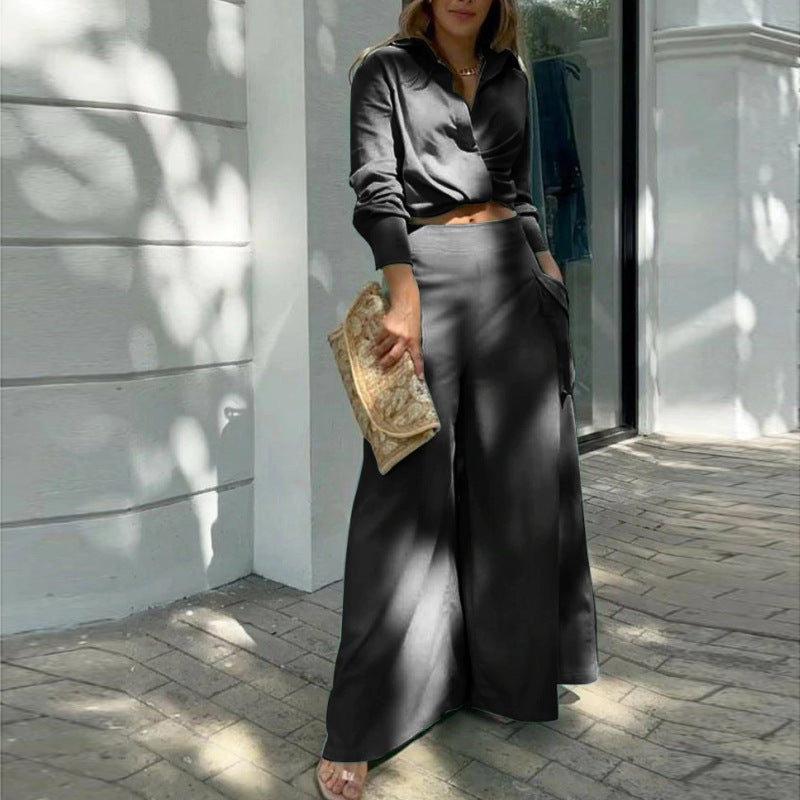 Women's 2 Piece Collared Shirt Wide Leg Pants Set