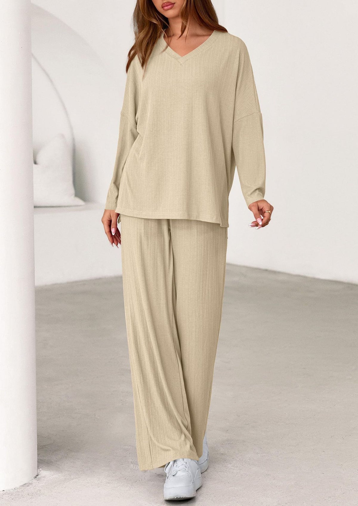 Women's Two Piece Ribbed Lounge Set Wide Leg Pants