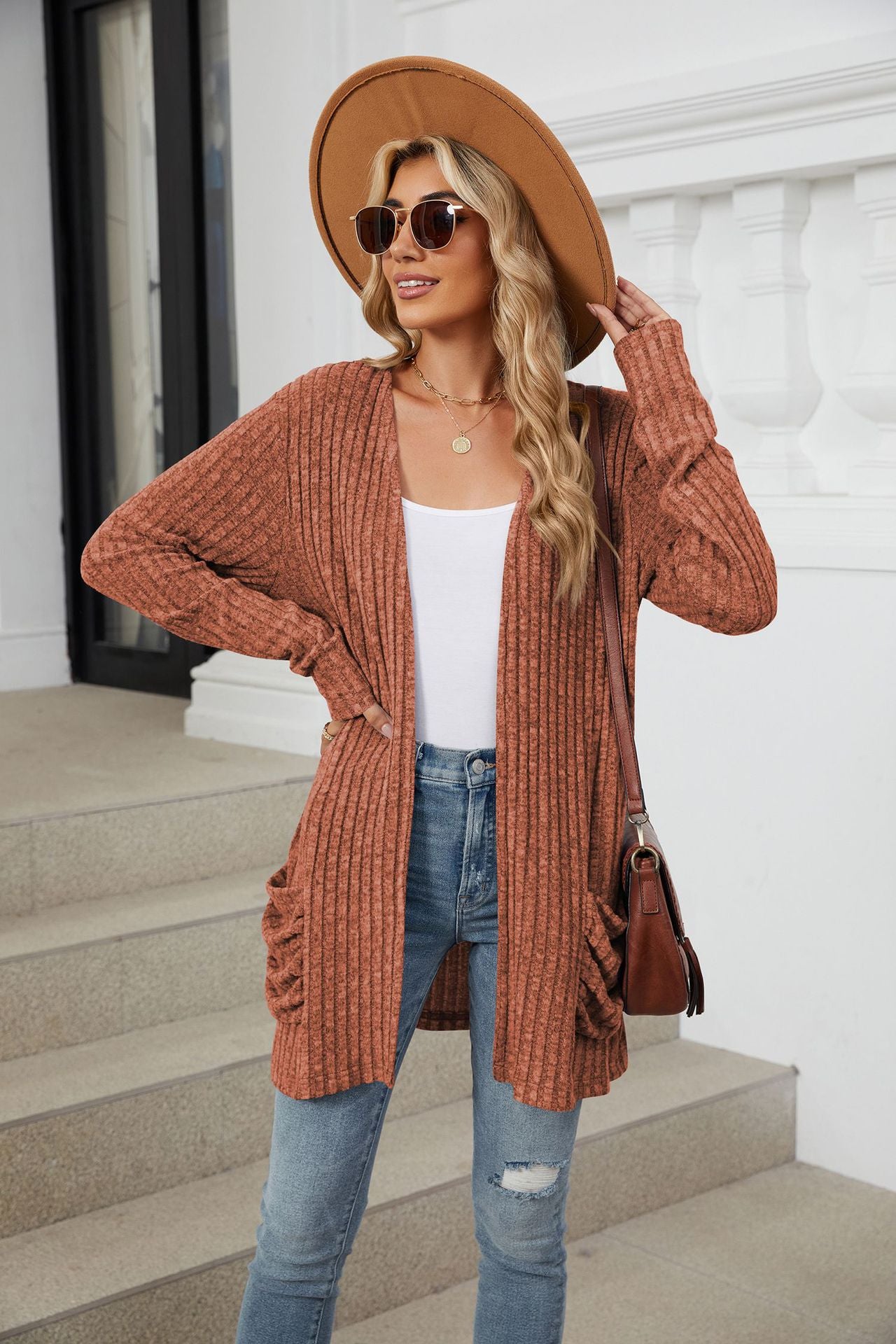 Orange red Ribbed Knit Long Sleeve Cardigan with Side Pockets