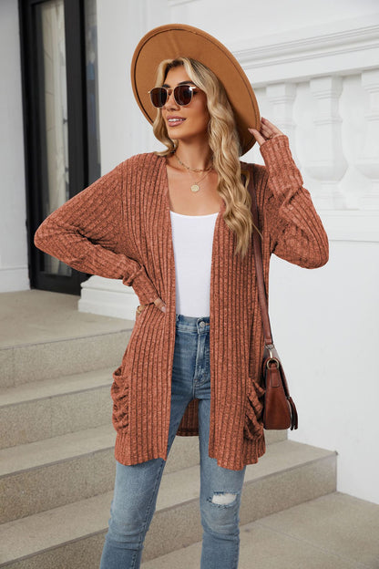 Orange red Ribbed Knit Long Sleeve Cardigan with Side Pockets