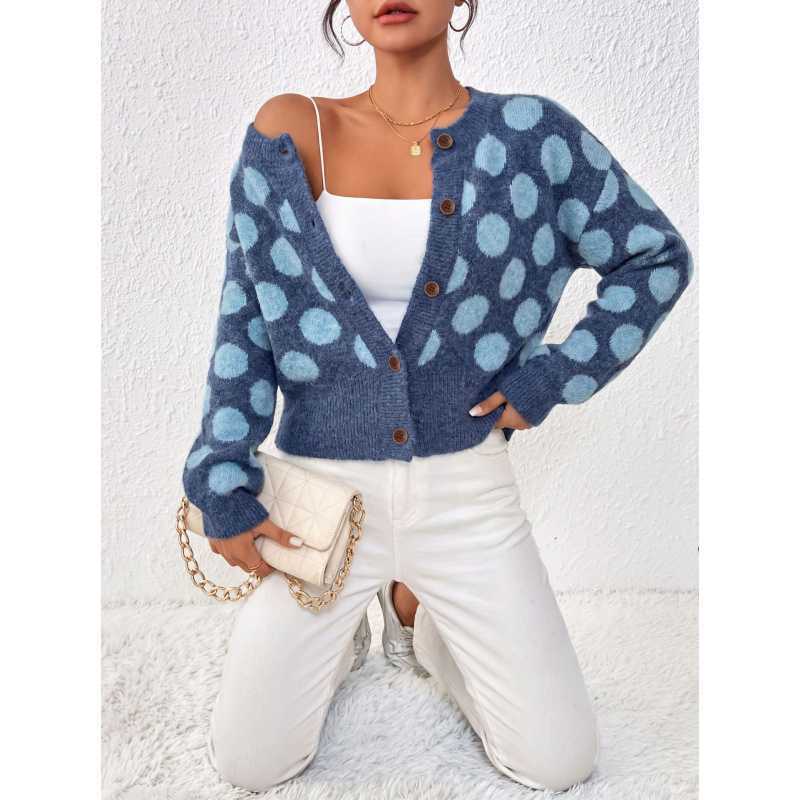 Women's Polka Dot Cropped Blue Knit Cardigan