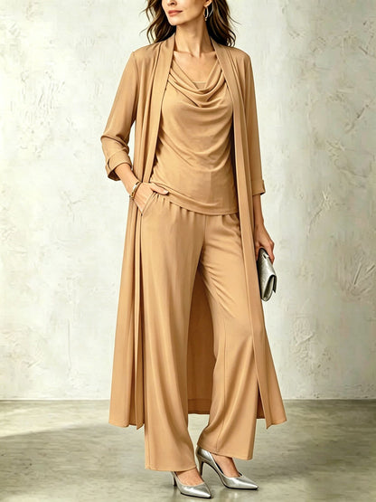 Women's 3 Piece Cowl Neck Long Cardigan Wide Leg Pants Set