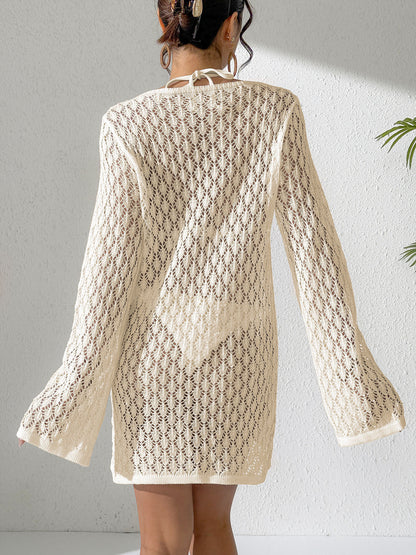 Women's Sheer Crochet Swim Cover Up Long Sleeve Beach Dress