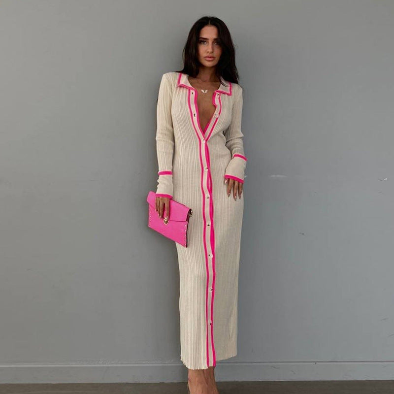 Colorblock Ribbed Button Front Maxi Dress