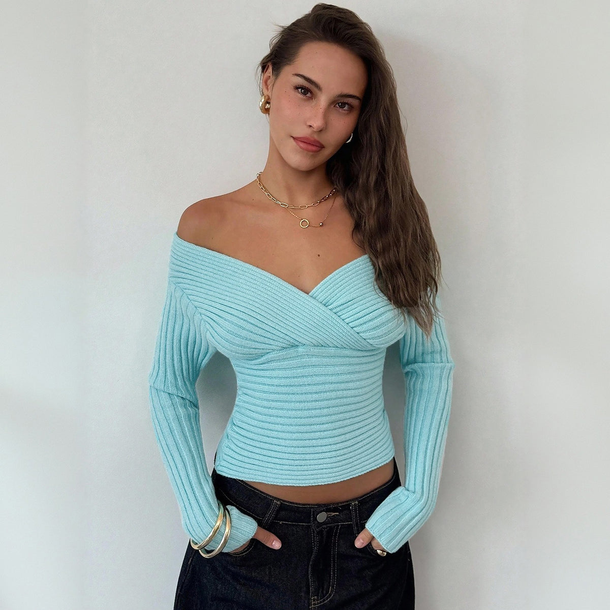Women's Sexy Ribbed V Neck Long Sleeve Crop Top Slim Fit