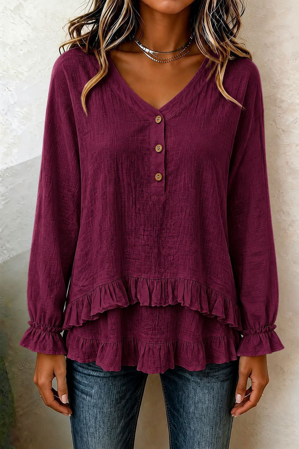 Women's V Neck Ruffle Long Sleeve Tiered Blouse