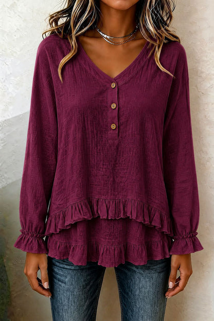 Women's V Neck Ruffle Long Sleeve Tiered Blouse