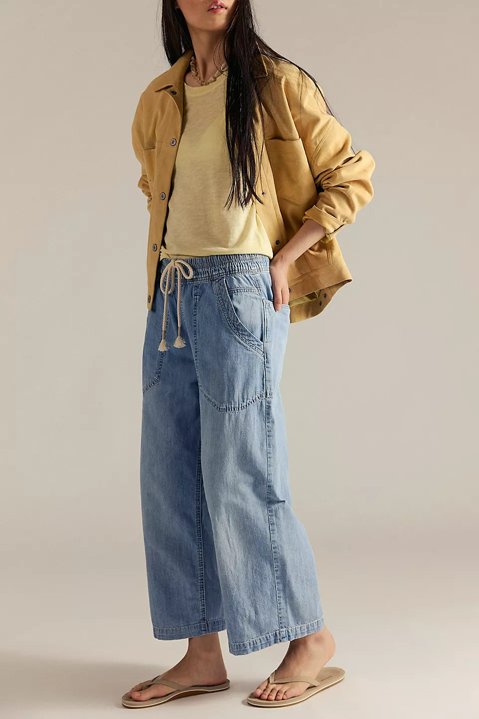 Women's Baggy Wide Leg Jeans Elastic Waist Drawstring