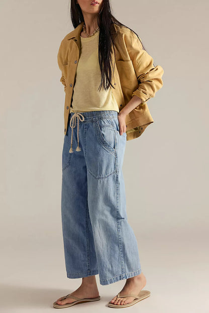 Women's Baggy Wide Leg Jeans Elastic Waist Drawstring