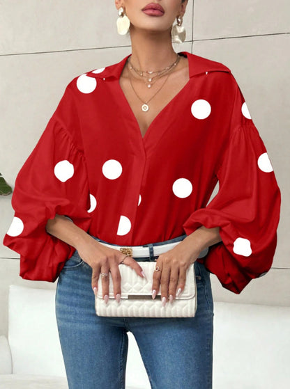Women's Polka Dot V-Neck Puff Sleeve Loose Blouse